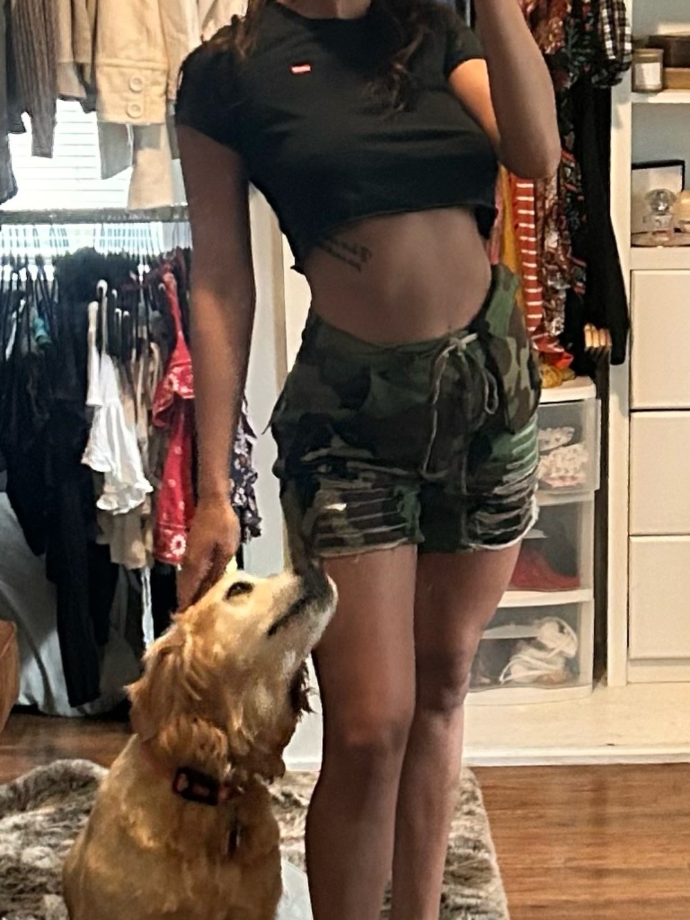 Women's Camo Drawstring Jean Shorts - Green Military Print